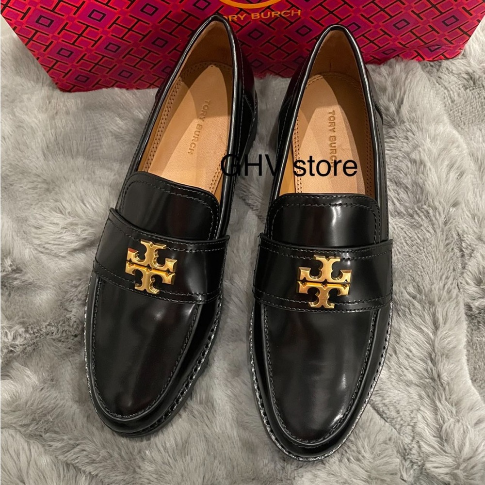 Tory Burch Black Platform Loafers with Gold Accent - Picture 4 of 7